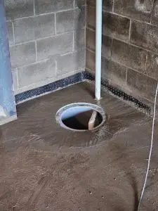 Sump pump pit and drainage system protecting basement from flooding.