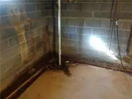 Basement corner with visible water damage, exposed pipe, and damp walls, highlighting the need for an interior drainage system to prevent further moisture issues and protect home value.
