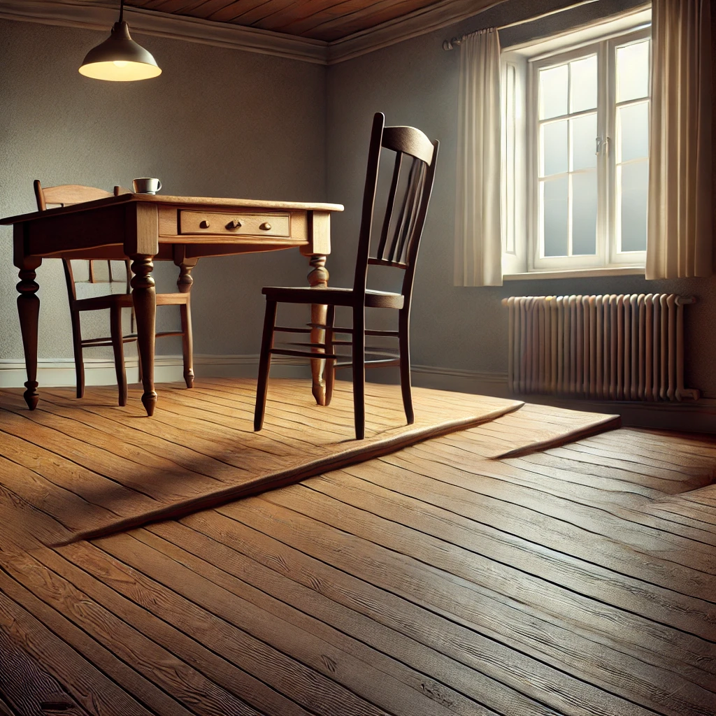 Sloping floors in a room with table and chair, illustrating potential foundation issues.