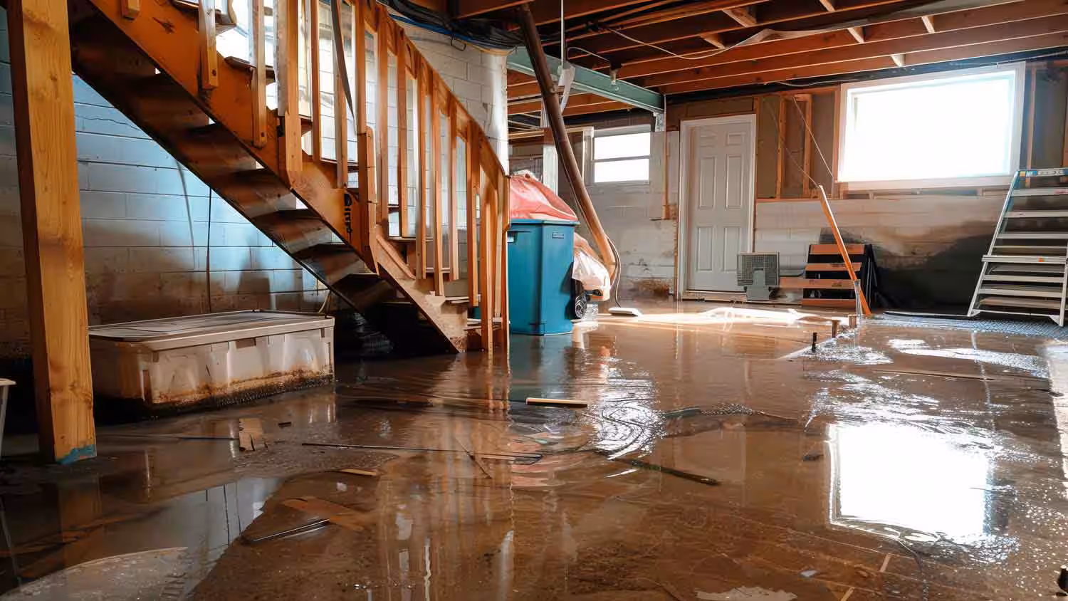 Flooded basement with standing water and debris, illustrating basement waterproofing needs.