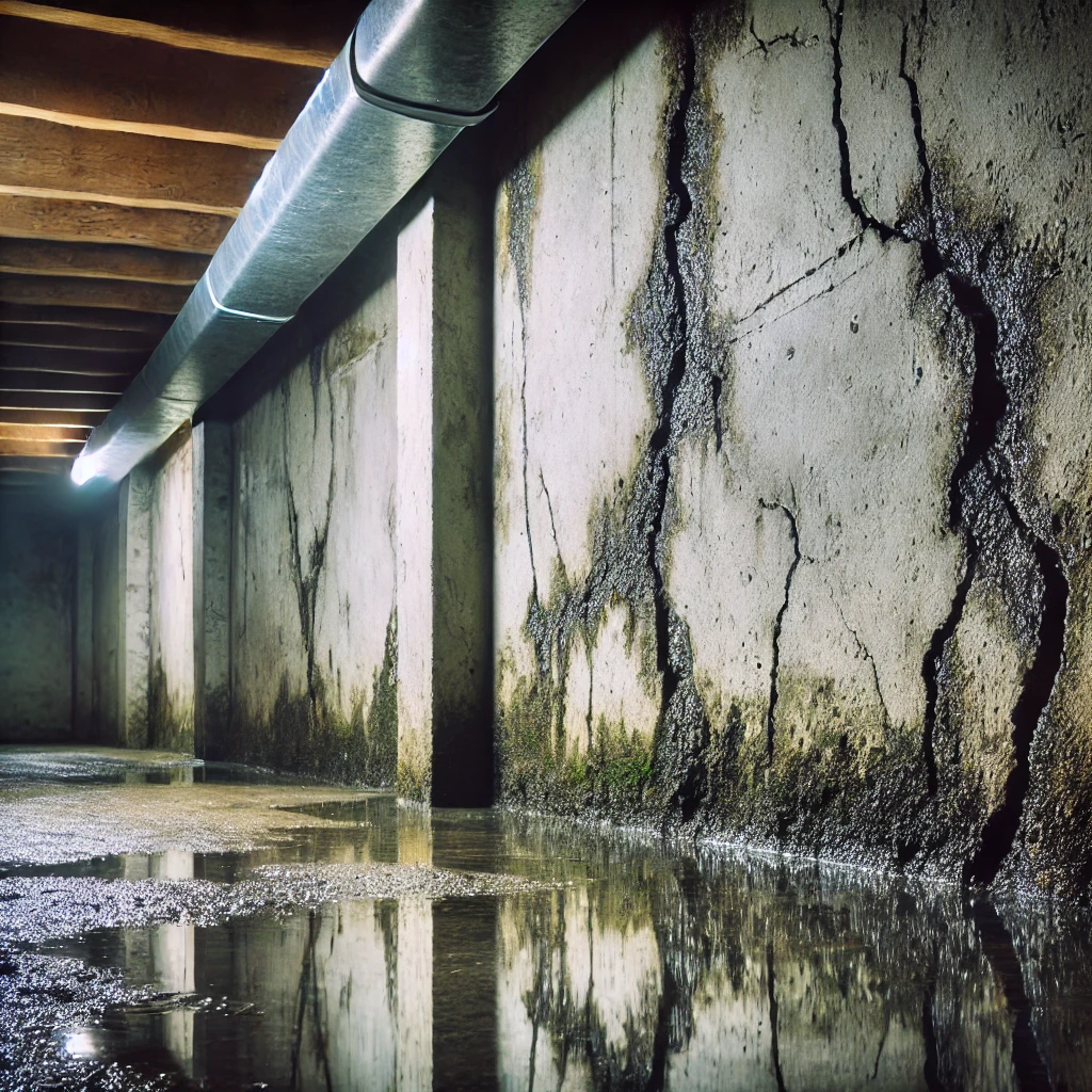 Wet basement with cracked concrete walls and a muddy floor reflecting light. The scene conveys neglect and decay, highlighting water damage.