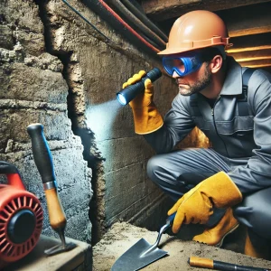 Foundation specialist inspecting cracked basement wall and structural issues with flashlight.