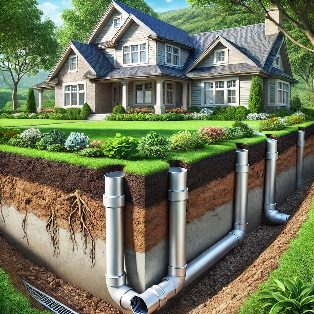 House foundation with drainage system and soil cross-section illustrating waterproofing solutions.