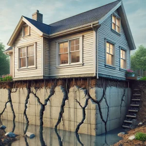 Cracked foundation and shifting soil impacting a home, illustrating foundation settlement and clay soil movement.