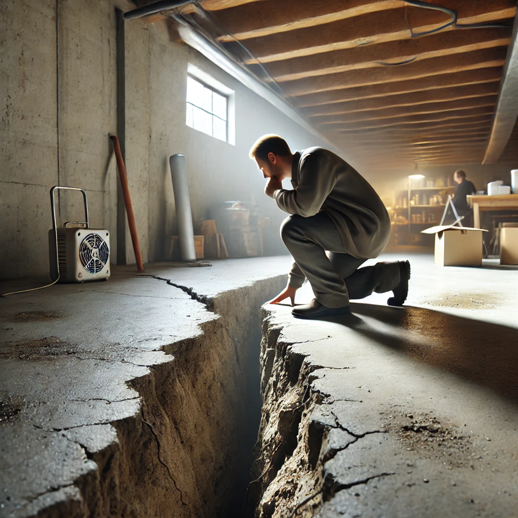 Man inspecting cracked basement floor, foundation damage assessment