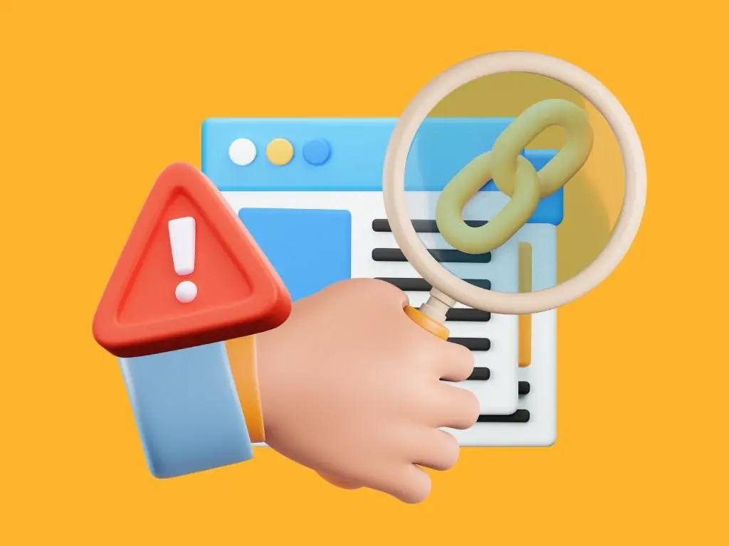 3D illustration of a hand holding magnifying glass over link icon, symbolizing a backlink audit for landscaping websites