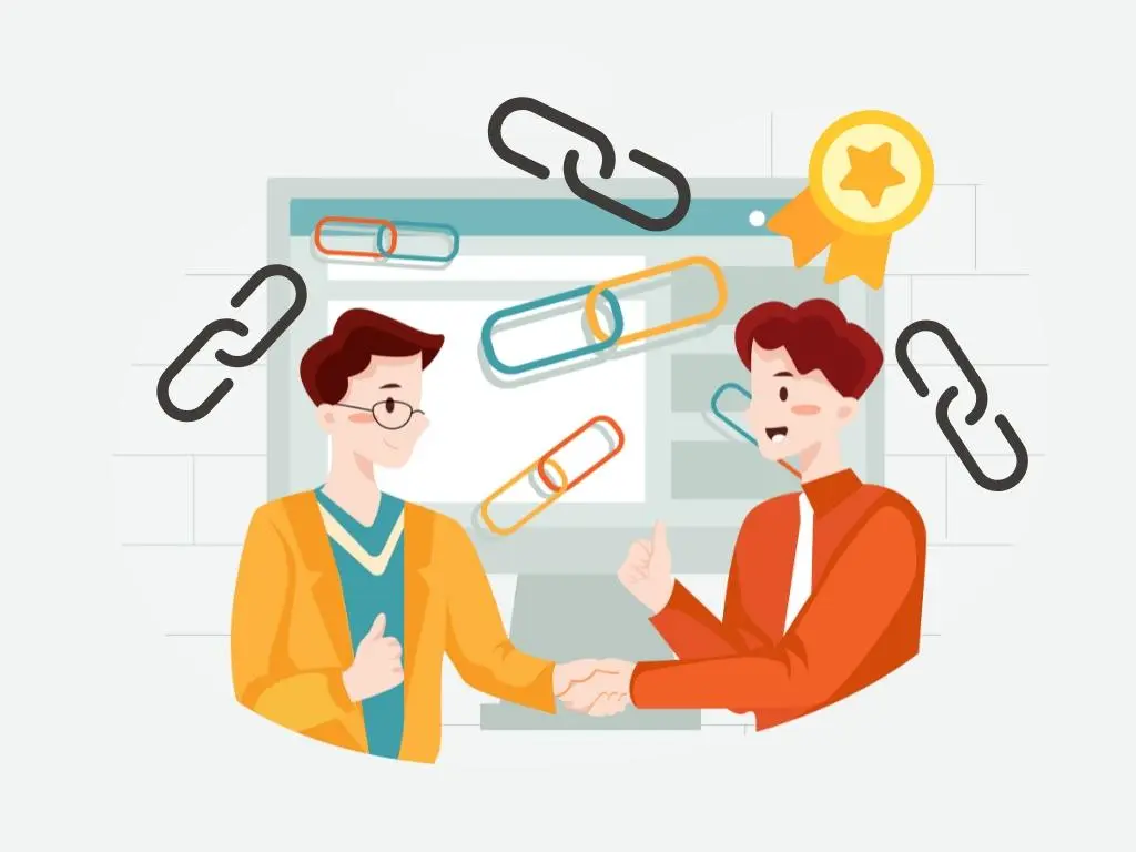 Two people shaking hands with link icons around them, representing earning high quality backlinks for landscaping SEO