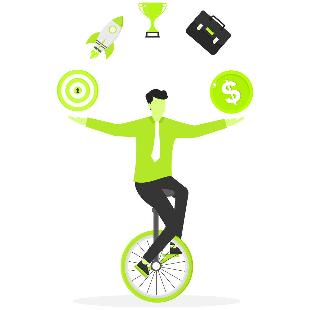 businessman project manager balance on clock juggling project management elements