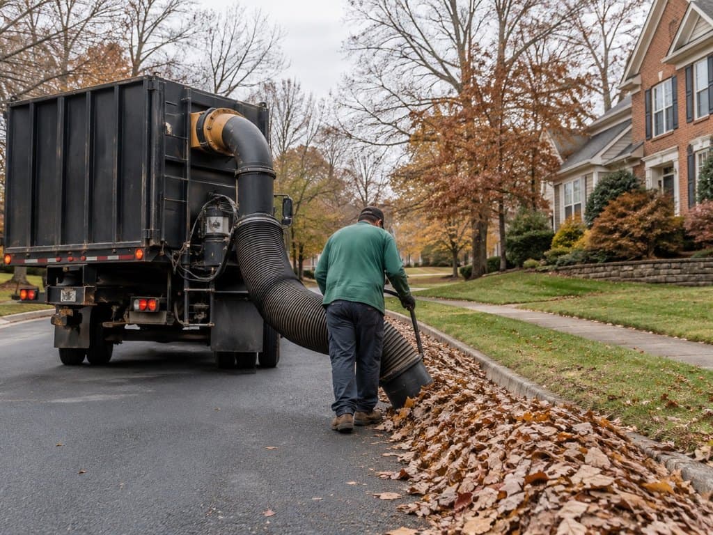 Landscaping crew member using a truck mounted leaf vacuum to clear a curbside leaf pile on a tree lined street in Falls Church, VA