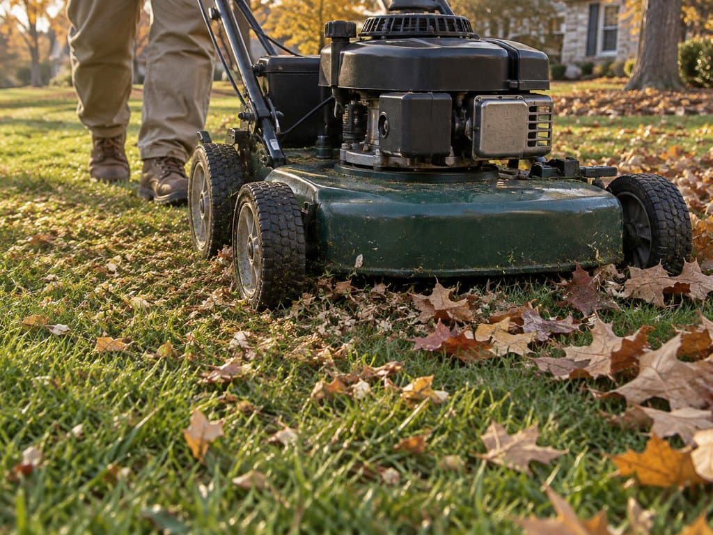 Walk-behind mower mulching a layer of fallen oak and maple leaves into a tall fescue lawn in Falls Church, VA