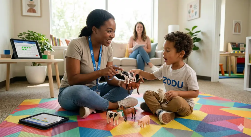 ZODU ABA Services | Pediatric ABA Therapy: Reclaiming the Critical Years of Development A toddler receiving early intervention pediatric ABA therapy in a natural home setting to improve communication skills.