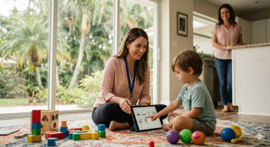 ZODU ABA Services | Behavioral Therapy for Autism: Translating Silence into Connection A child and BCBA participating in a play-based behavioral therapy for autism session at home in Florida.