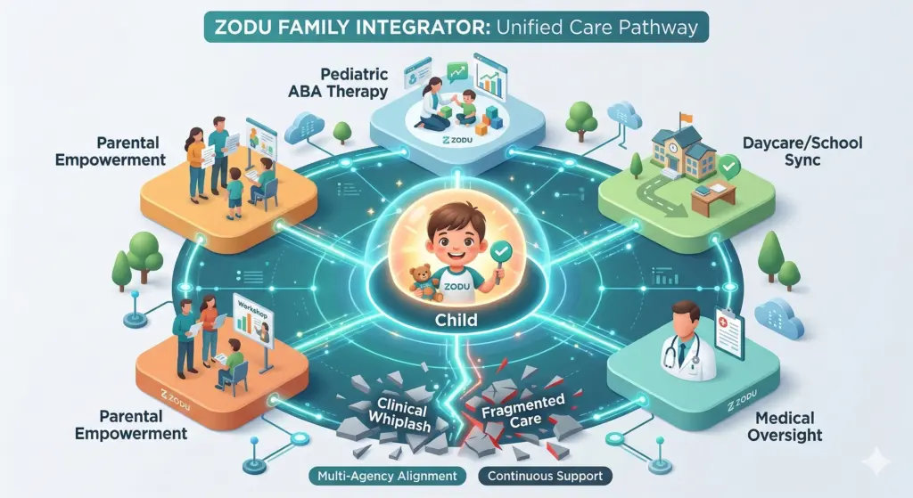ZODU ABA Services | Pediatric ABA Therapy: Reclaiming the Critical Years of Development A diagram of ZODU's Integrated Family Health System for coordinated pediatric ABA therapy.