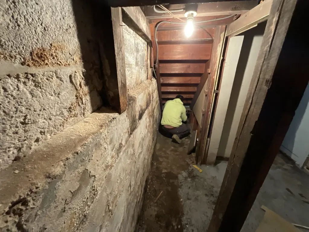 A person in a bright hoodie works under dim light in a cramped, old basement with rough concrete walls and wooden stairs, creating an eerie atmosphere.