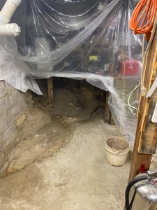 Dimly lit basement with exposed dirt and stone floor, partially covered with clear plastic sheets. A white bucket is on the ground, conveying a makeshift, unfinished appearance.