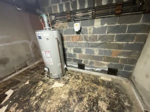 A dimly lit basement with a water heater next to a brick wall. The floor is worn, with scattered debris. Pipes and wires are visible, creating an industrial feel.