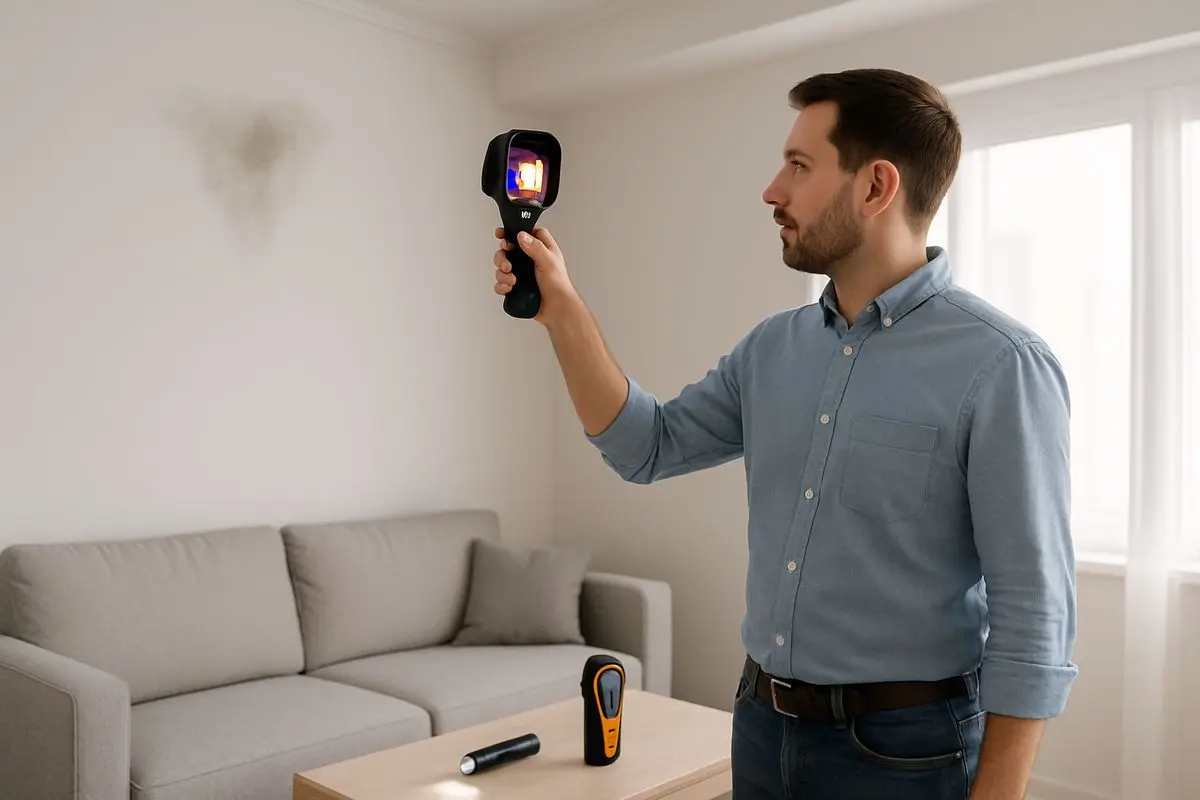 A homeowner standing in a living room holds a thermal camera up toward a ceiling corner while a damp-looking patch is visible on the wall nearby, with a small flashlight and moisture meter resting on a nearby table