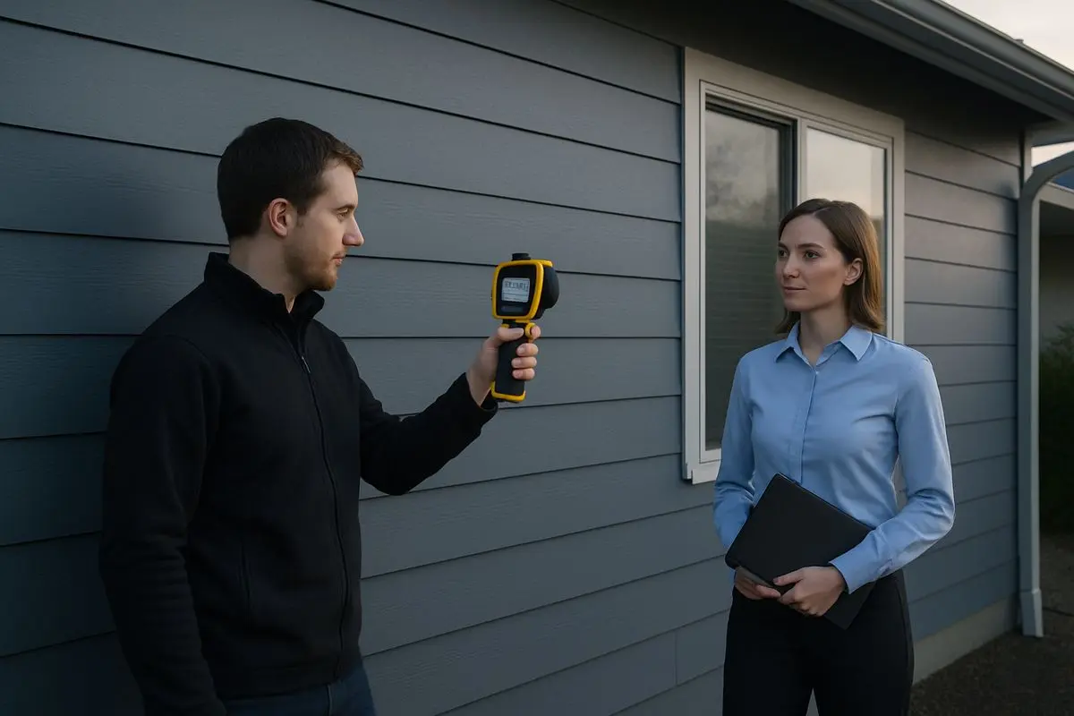 An early-morning view of the side of a house in shade, with one person scanning an exterior wall using a thermal camera while another waits near a window, and no direct sunlight hitting the wall