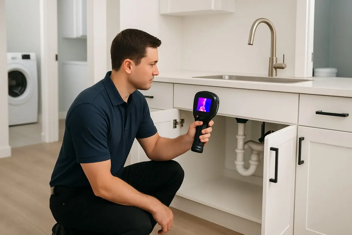 A technician kneeling beside an open kitchen sink cabinet while scanning the plumbing area with a thermal camera, with a laundry room and bathroom doorway visible in the background