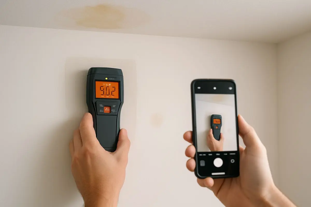 A close-up inspection scene showing a hand pressing a moisture meter against a drywall patch below a stained ceiling, with a second person taking photos on a phone and a small wet mark visible on the wall