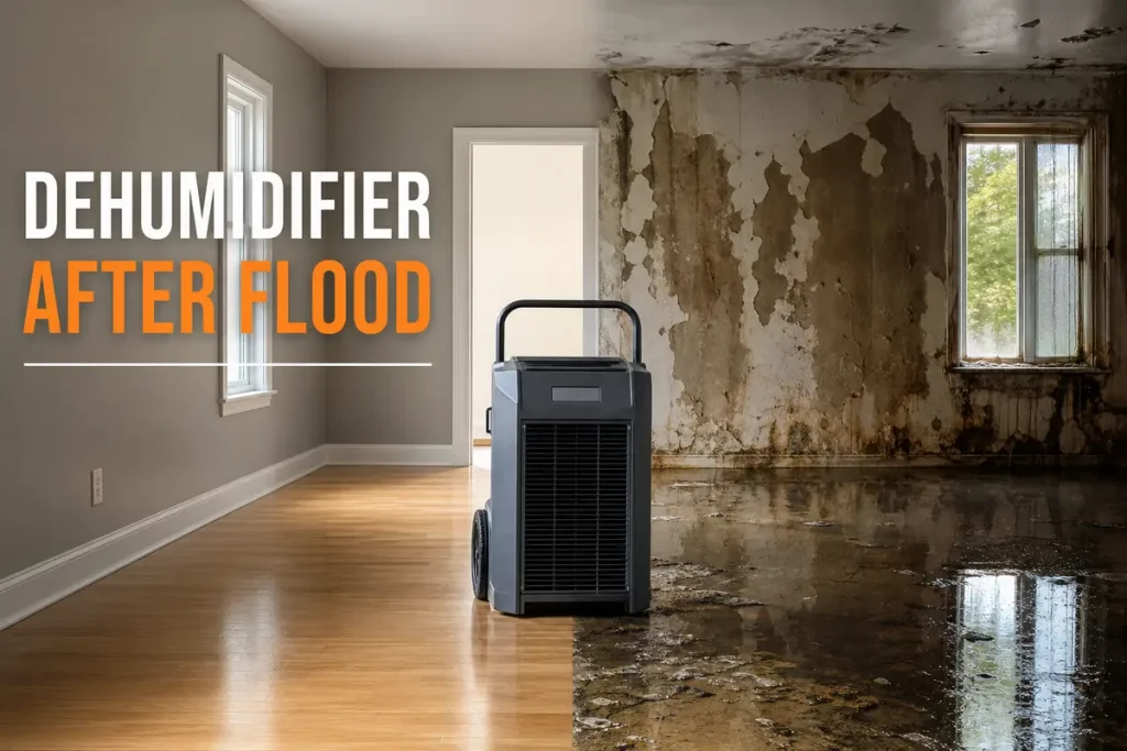 Commercial dehumidifier in flood-damaged room showing effectiveness and limitations