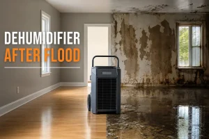 Commercial dehumidifier in flood-damaged room showing effectiveness and limitations
