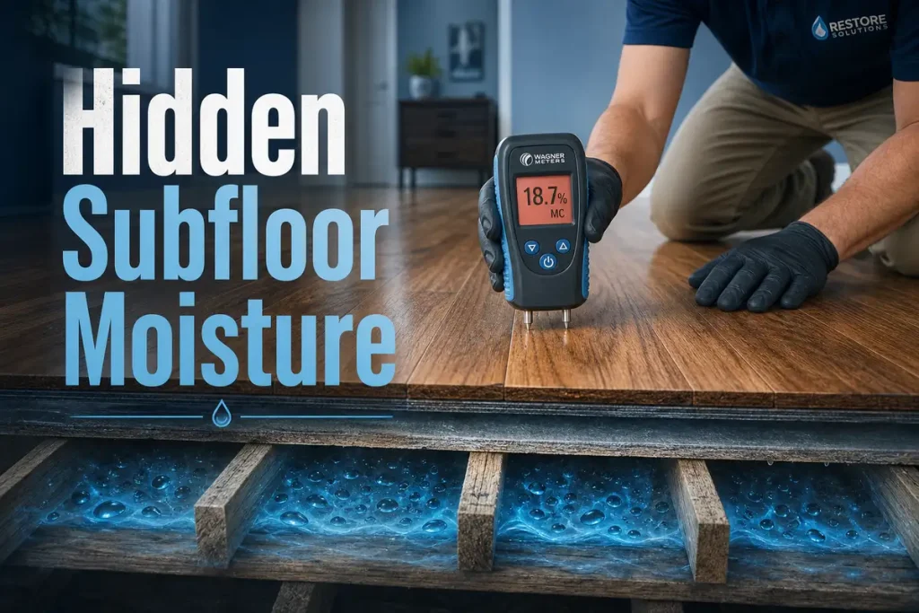 Moisture meter detecting hidden subfloor water damage beneath dry-looking floor