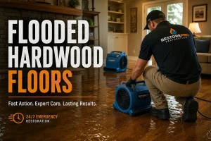 Flooded hardwood floor with standing water and restoration drying equipment