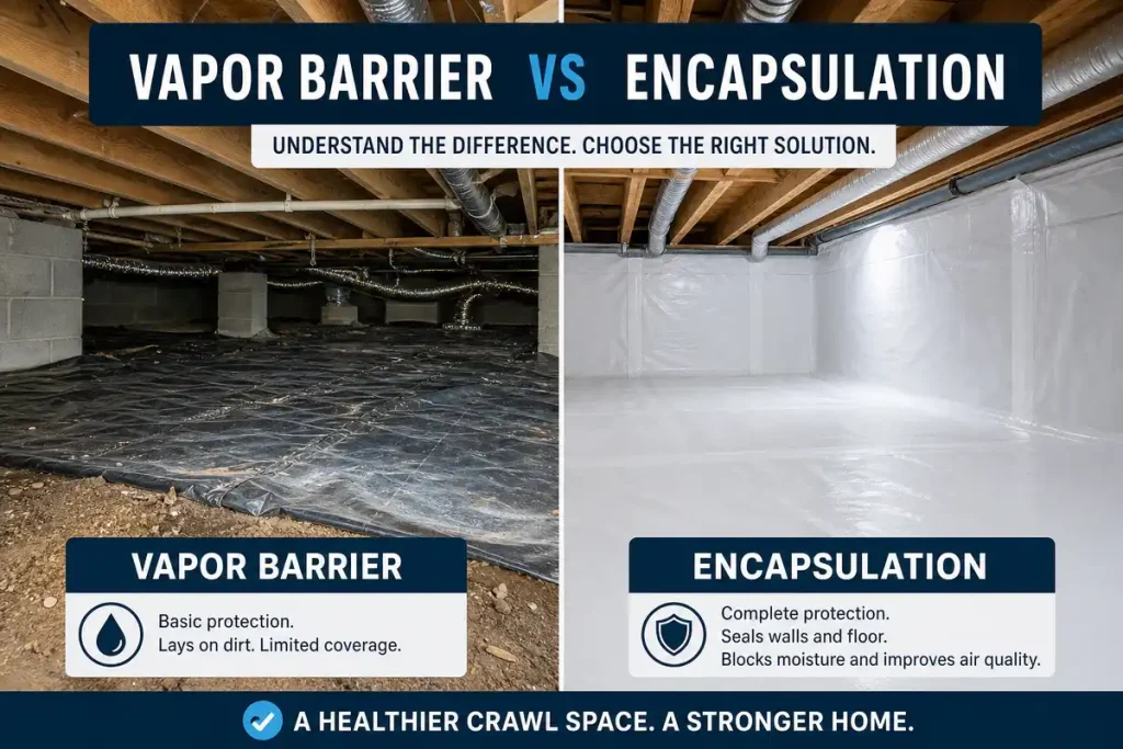 Comparison of vapor barrier vs full crawlspace encapsulation for moisture control