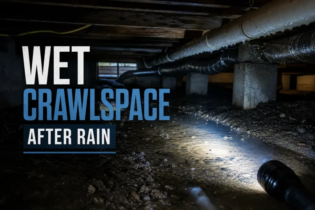 Wet crawlspace with standing water after rain in Louisville KY home