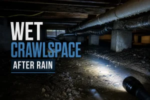 Wet crawlspace with standing water after rain in Louisville KY home