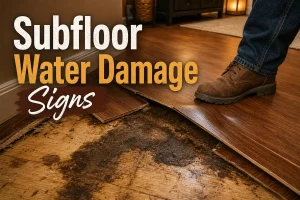 Signs of subfloor water damage including buckling floors and water stains