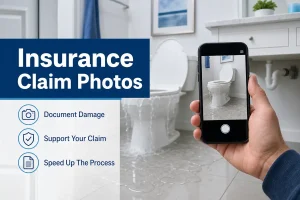 Homeowner photographing water damage with smartphone for insurance claim documentation