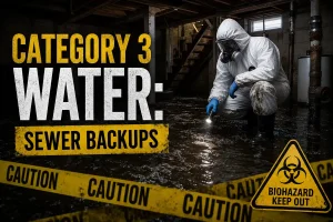 Category 3 contaminated water from sewer backup requiring professional hazmat cleanup in Louisville