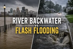 Ohio River backwater flooding versus flash flooding comparison in Louisville Kentucky