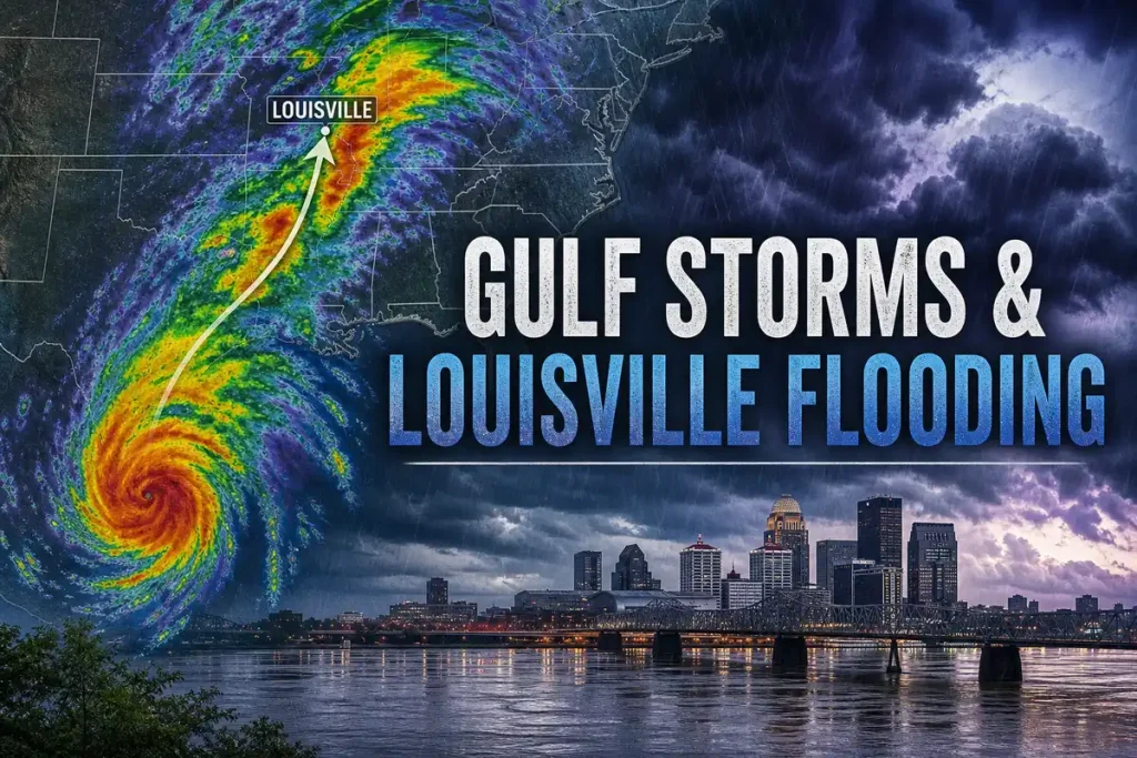 Gulf tropical storm remnants approaching Louisville Kentucky raising flood risk along the Ohio River