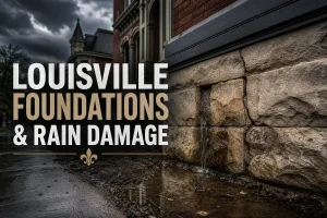 Old Louisville foundation with cracks and water seepage after prolonged rain