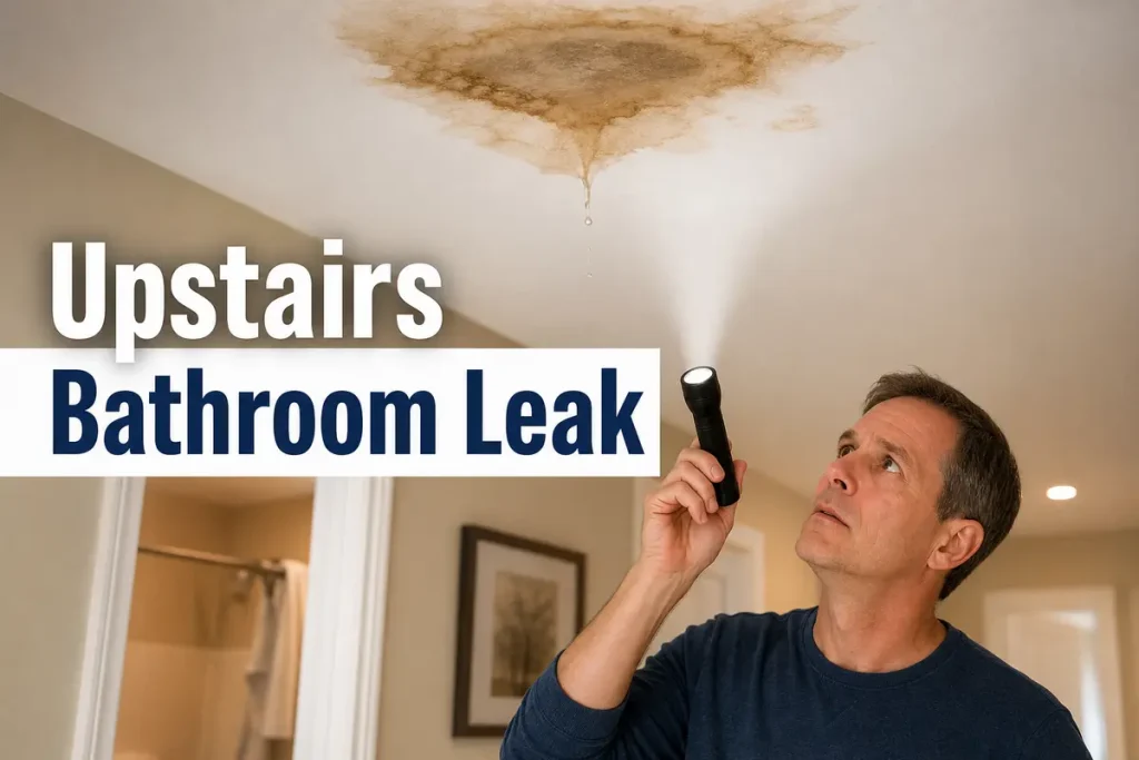 Water stain on ceiling caused by upstairs bathroom leak requiring immediate attention