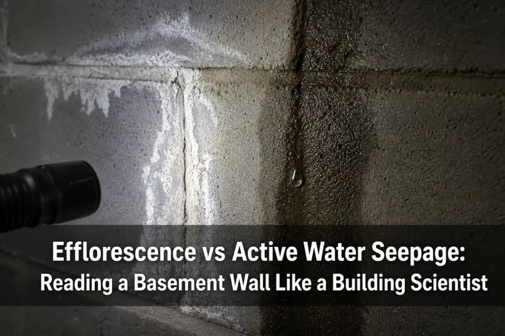 Efflorescence vs Active Water Seepage: Reading a Basement Wall Like a Building Scientist