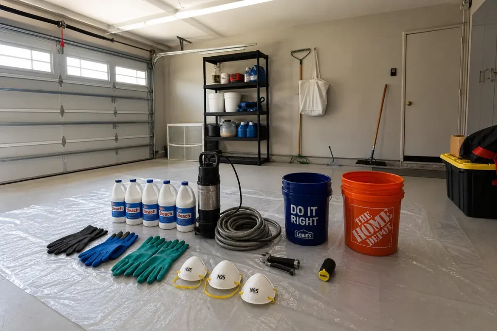 Essential DIY sewage backup cleanup supplies organized in Louisville KY