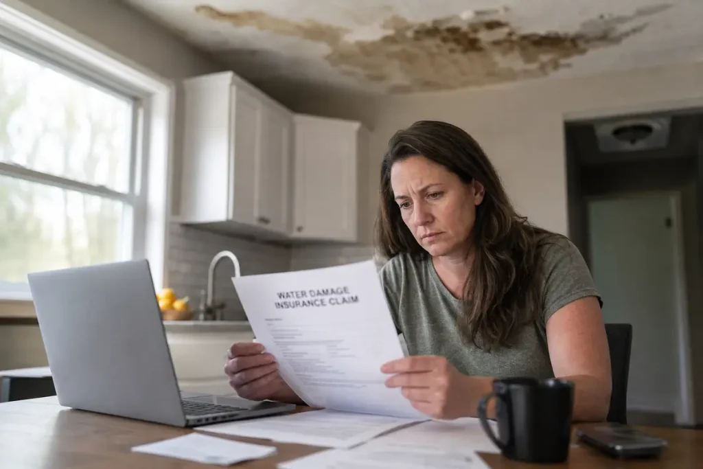 Louisville KY homeowner filing water damage insurance claim with paperwork and laptop