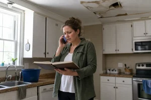 Homeowner calling insurance about water damage in Louisville KY kitchen