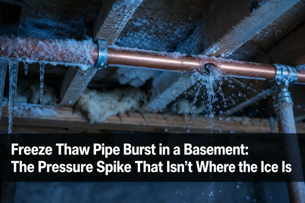 Freeze Thaw Pipe Burst in a Basement: The Pressure Spike That Isn't Where the Ice Is