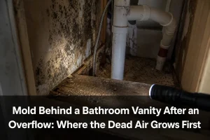 Mold Behind a Bathroom Vanity After an Overflow: Where the Dead Air Grows First