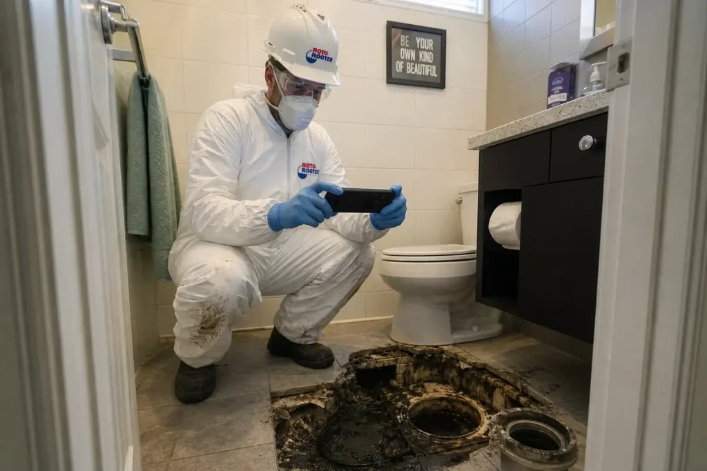 Plumber documenting sewage backup damage for insurance claim in Louisville KY
