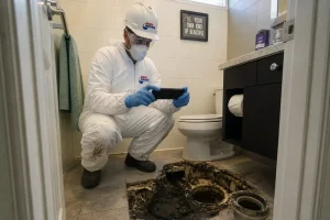Plumber documenting sewage backup damage for insurance claim in Louisville KY
