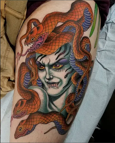 Neo traditional Medusa with snakes thigh tattoo at Dandyland San Antonio