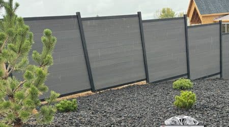 Horizontal gray composite privacy fence panels installed by Diamond Decks, San Antonio, TX