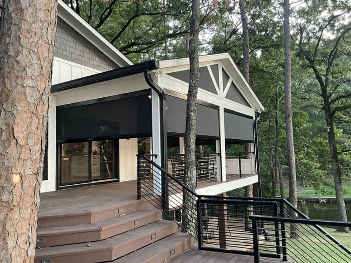IMG_2257 Covered porch with retractable screen shades and cable railing deck stairs by Diamond Decks