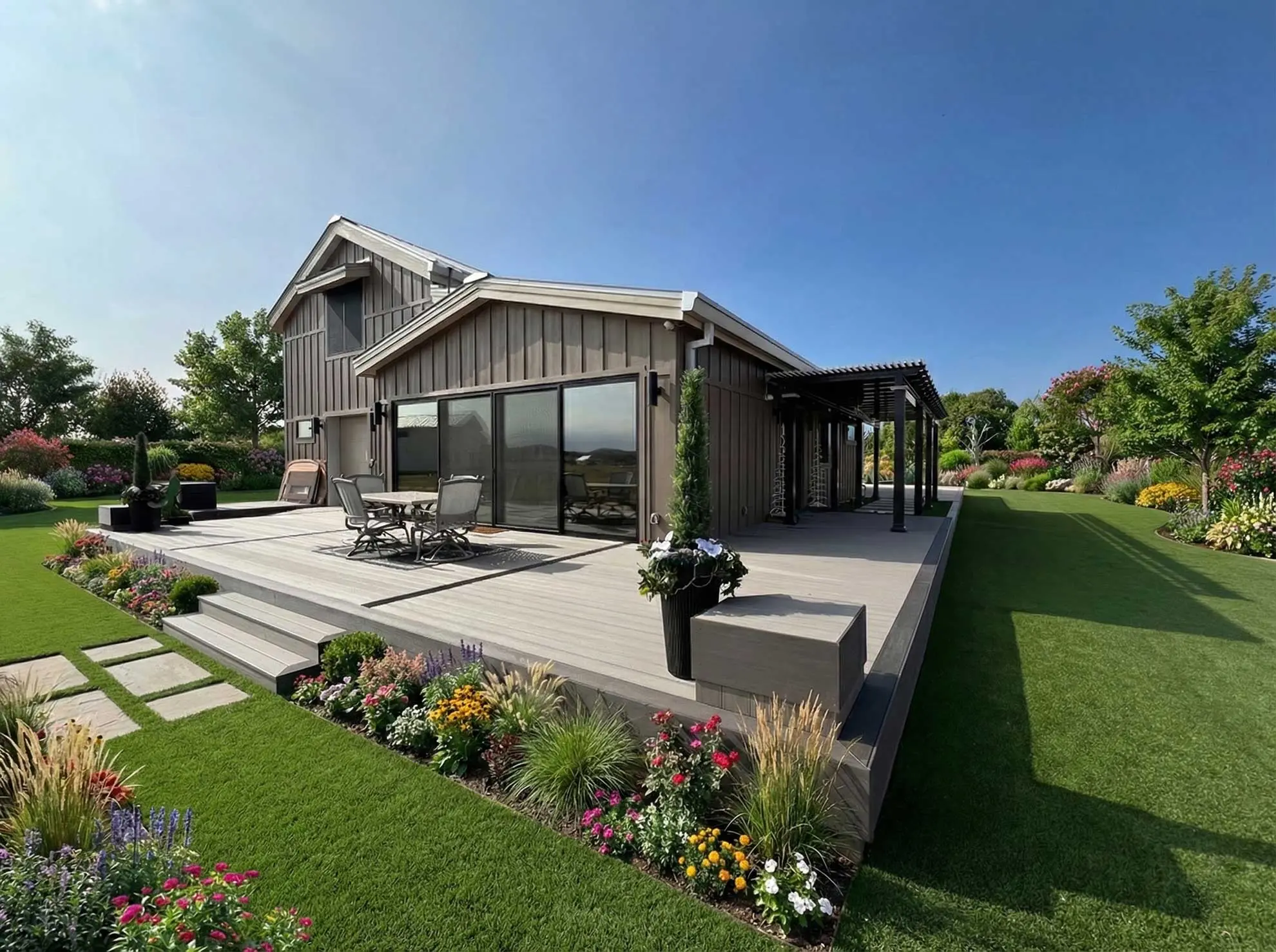 Modern farmhouse with light gray composite deck and pergola